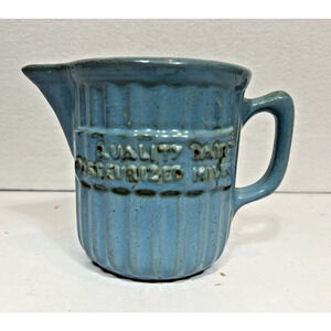 Vtg Blue Green Pottery vertical Ribbed Small‎ 4.5” Stoneware Milk Pitcher handle